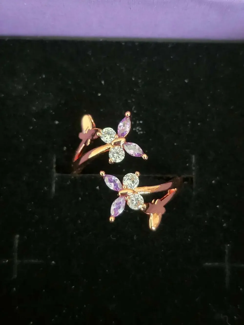 St. Region Purple Crystal and Rose Goldtone Butterfly Bypass Ring